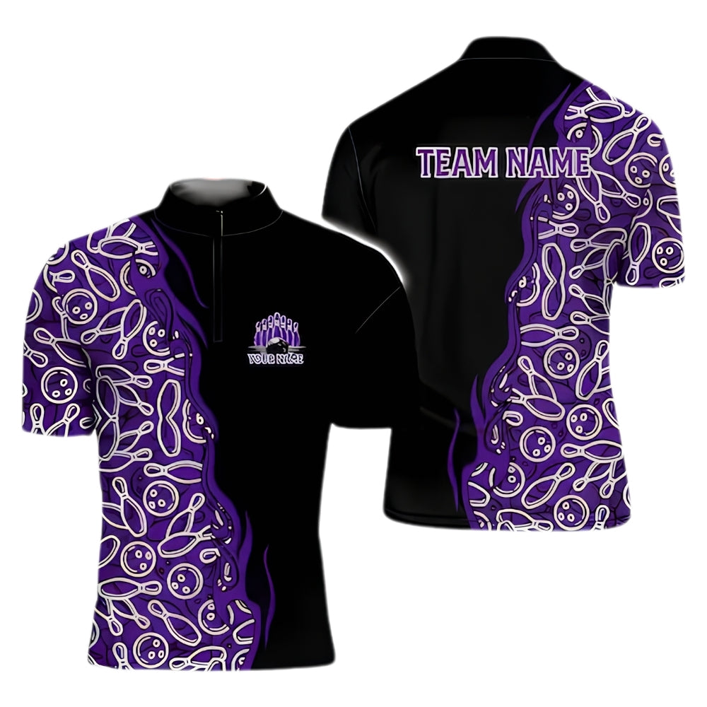 Custom Team Bowling Jersey For Men, Custom Black Purple Bowling Shirts BE0174