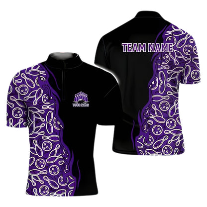 Custom Team Bowling Jersey For Men, Custom Black Purple Bowling Shirts BE0174