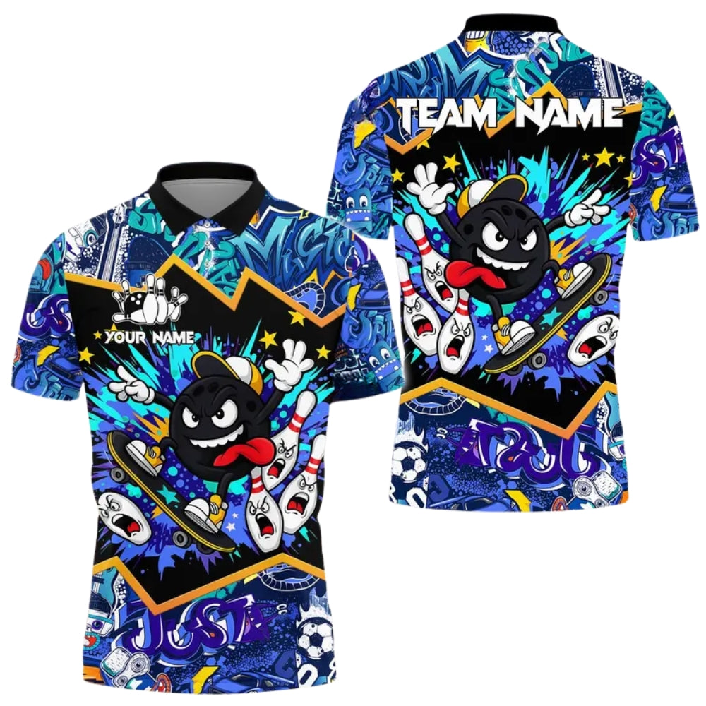 Custom Funny Skater Bowling Ball Bowling Polo Shirt Mens Blue, Custom Graffiti Bowling Team Shirts BE0166