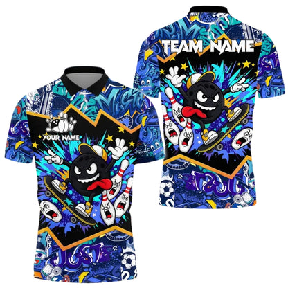 Custom Funny Skater Bowling Ball Bowling Polo Shirt Mens Blue, Custom Graffiti Bowling Team Shirts BE0166