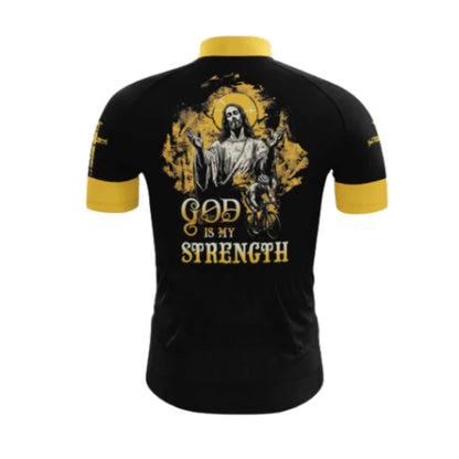 God Is My Strength Black And Yellow Cycling Short Sleeve Jersey Mens, God Christian Cycling Jerseys CG0530