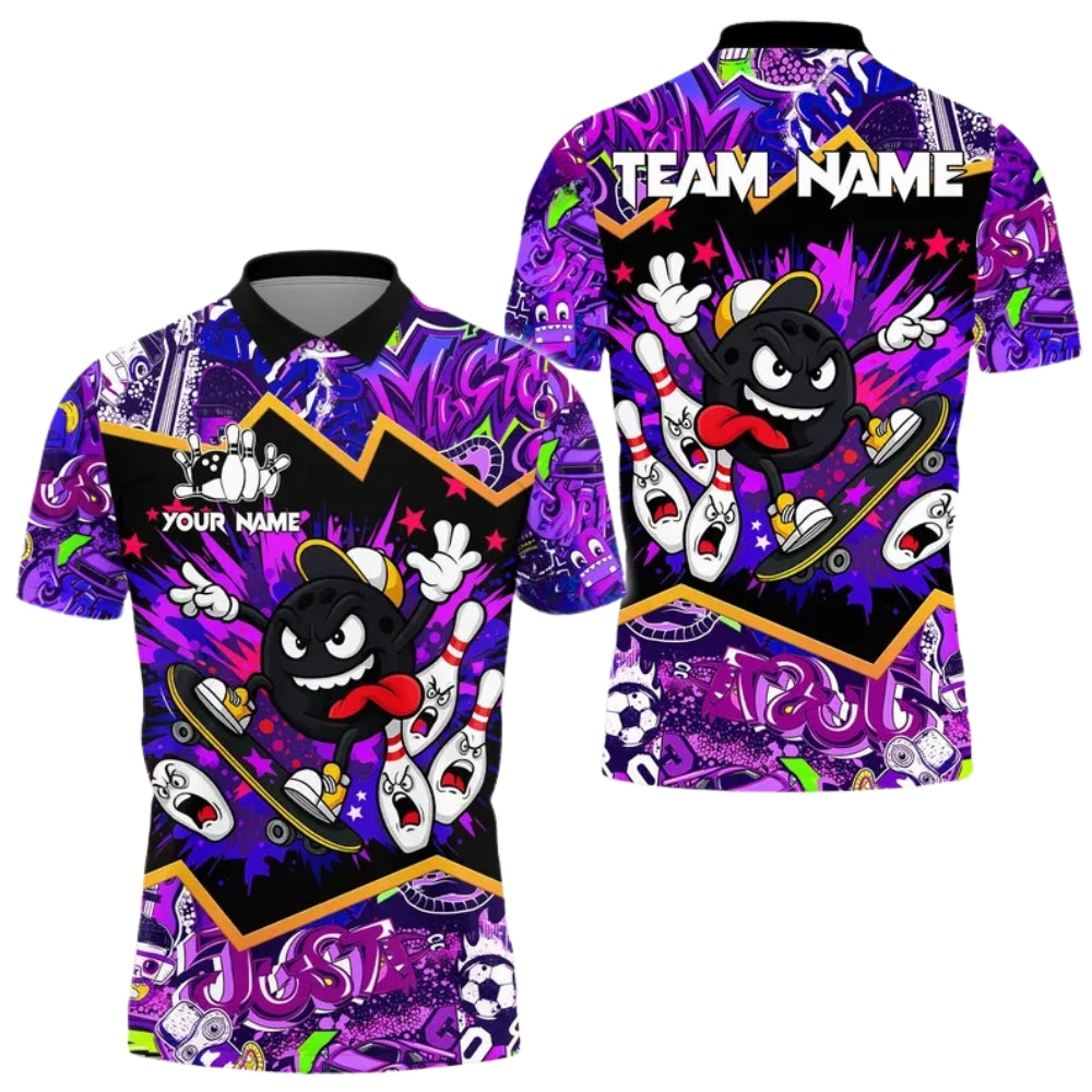 Custom Funny Skater Bowling Ball Bowling Polo Shirt Mens Blue, Custom Graffiti Bowling Team Shirts BE0166
