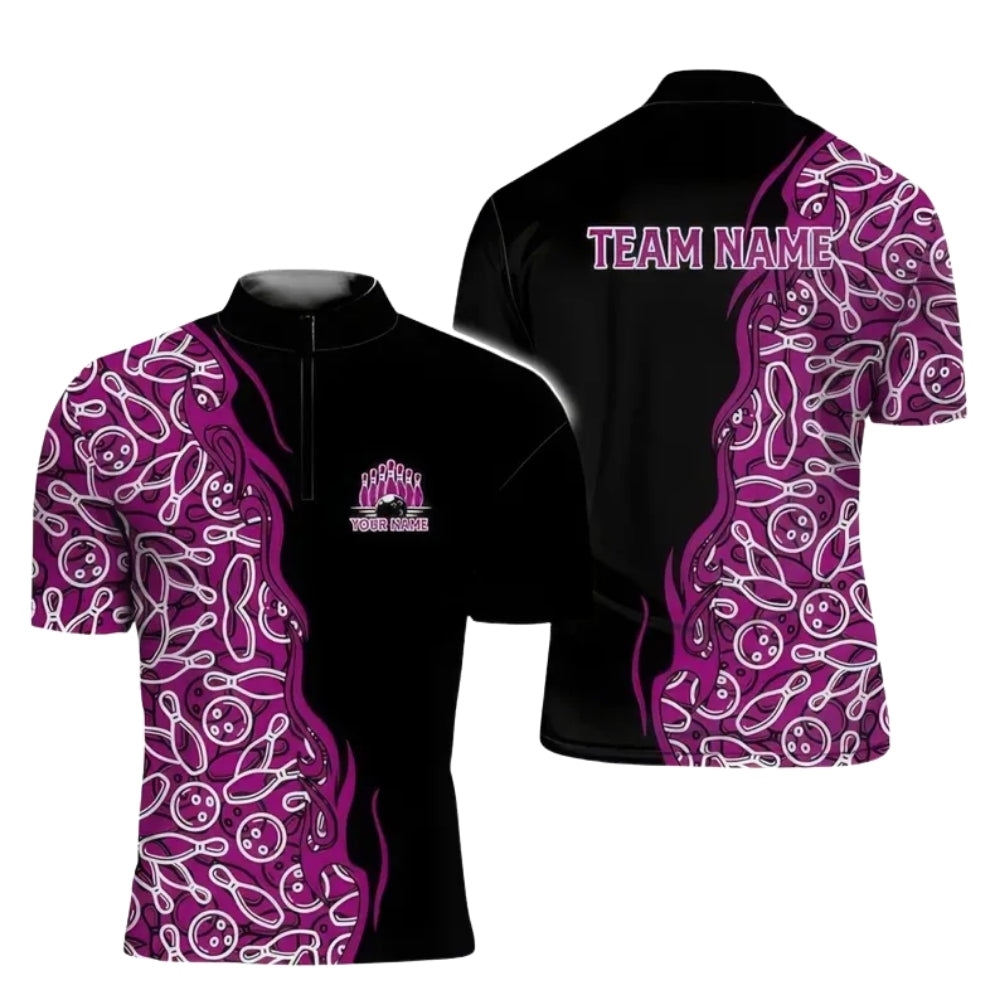 Custom Team Bowling Jersey For Men, Custom Black Purple Bowling Shirts BE0174