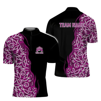 Custom Team Bowling Jersey For Men, Custom Black Purple Bowling Shirts BE0174