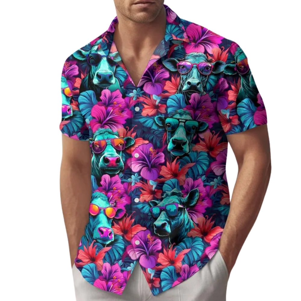 Cow Neon Floral Hawaiian Shirt For Men Women, Tropical Cow Hawaiian Shirts HE0140