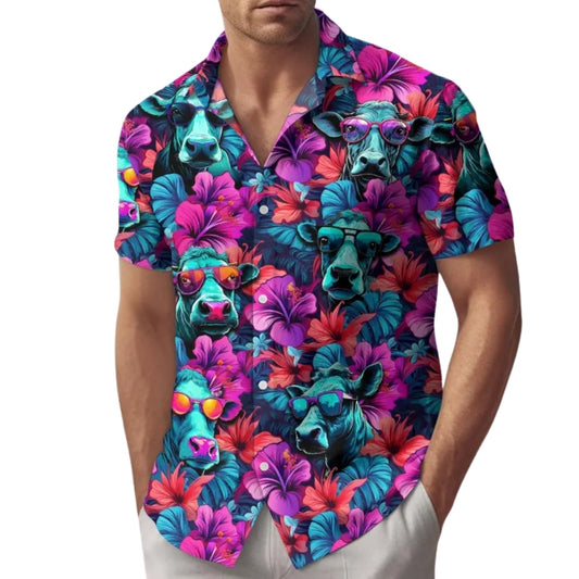 Cow Neon Floral Hawaiian Shirt For Men Women, Tropical Cow Hawaiian Shirts HE0140