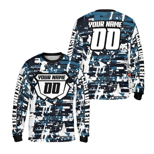 Custom Blue And White Grunge Long Sleeve Motocross Jersey For Men, Personalized Motocross Dirt Bkie Shirts ME0013