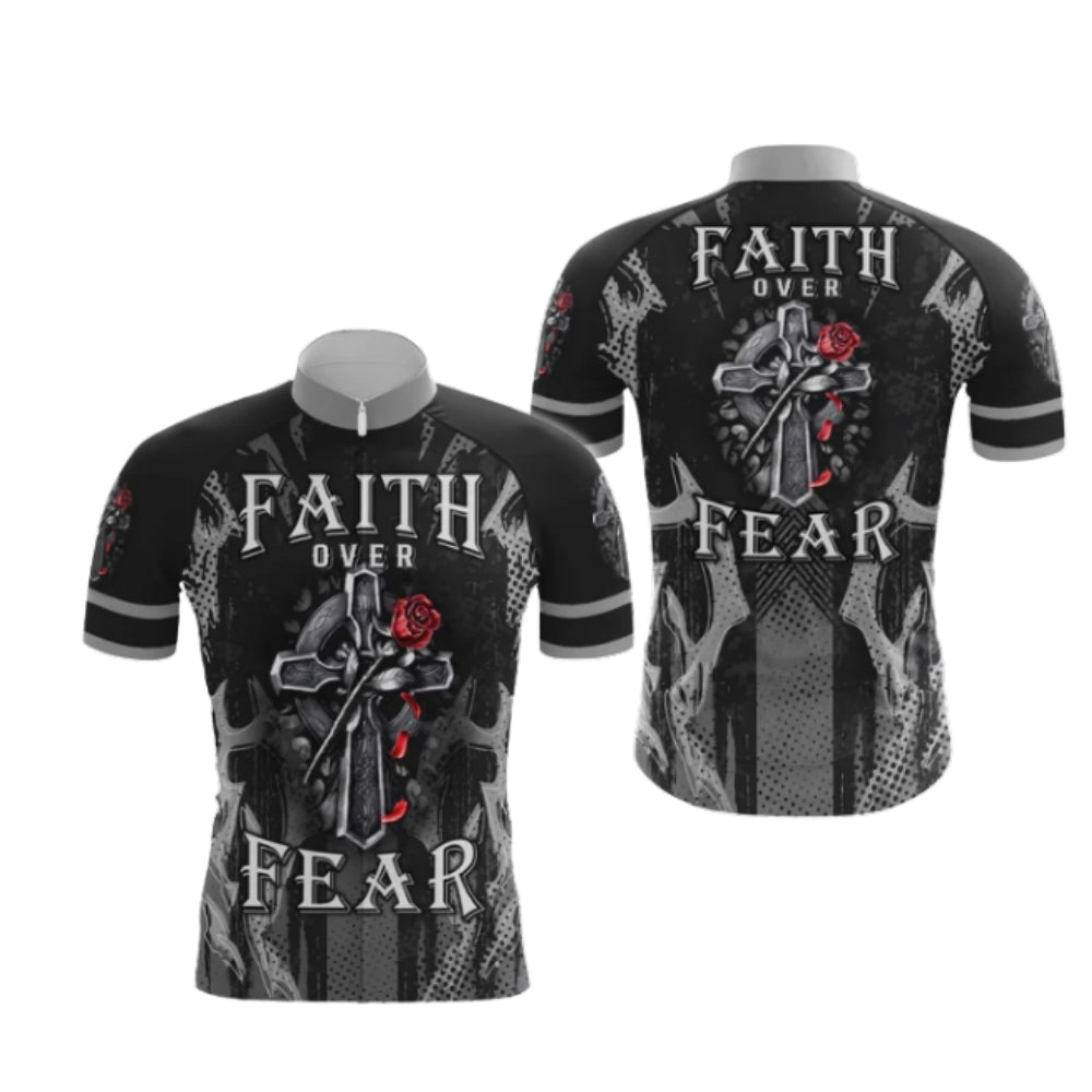 Faith Over Fear Cross And Rose Cycling Short Sleeve Jersey For Men, Christian Cycling Jerseys CG0531