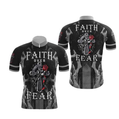 Faith Over Fear Cross And Rose Cycling Short Sleeve Jersey For Men, Christian Cycling Jerseys CG0531