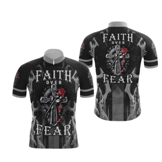 Faith Over Fear Cross And Rose Cycling Short Sleeve Jersey For Men, Christian Cycling Jerseys CG0531