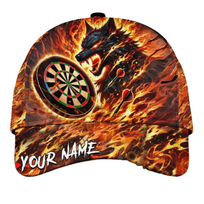 Custom Fire Wolf Darts Cap With Name, Personalized Wolf Flaming Dart 3D Printed Hat CP0430