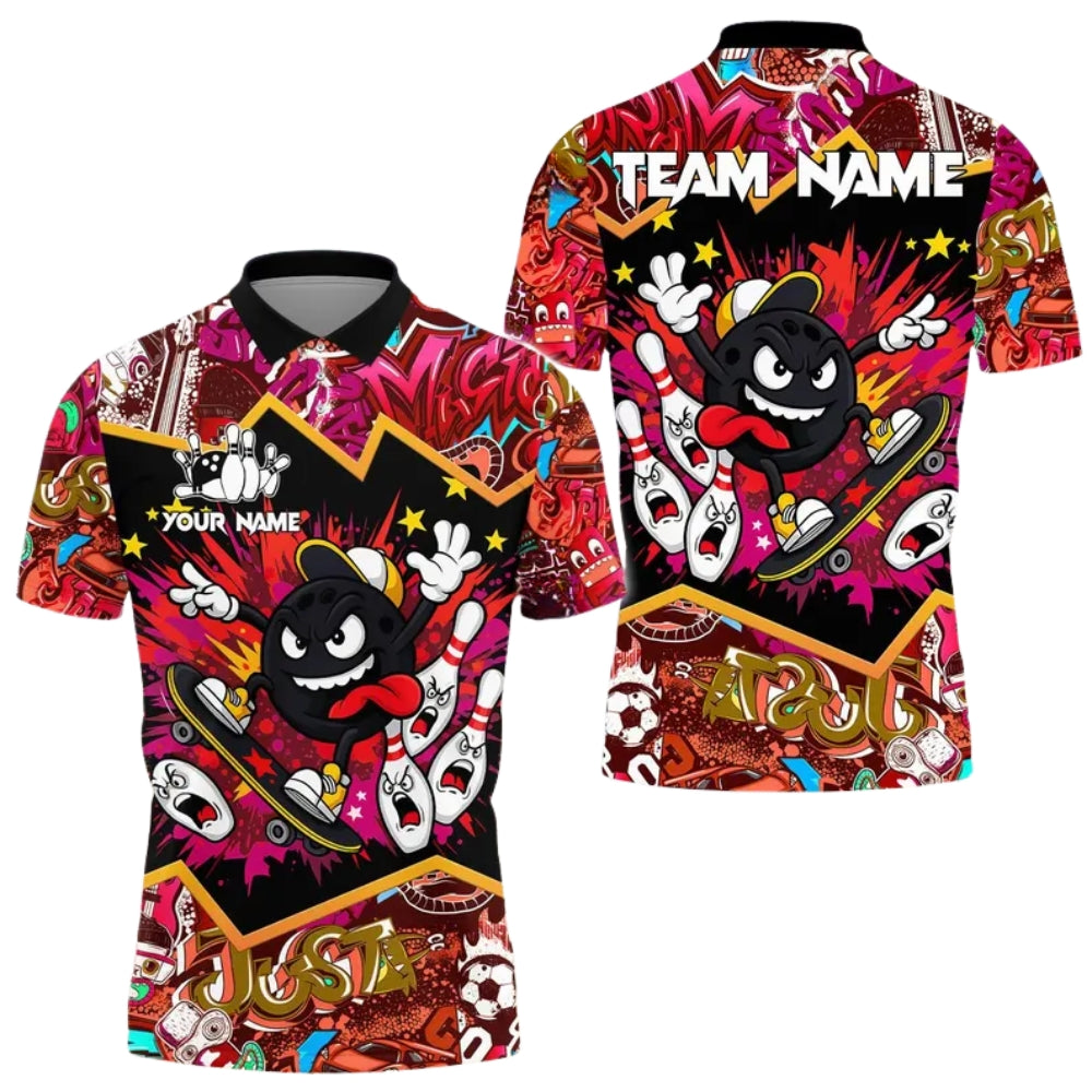 Custom Funny Skater Bowling Ball Bowling Polo Shirt Mens Blue, Custom Graffiti Bowling Team Shirts BE0166