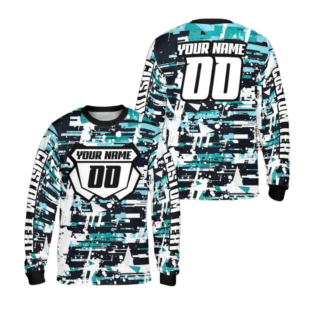 Custom Blue And White Grunge Long Sleeve Motocross Jersey For Men, Personalized Motocross Dirt Bkie Shirts ME0013