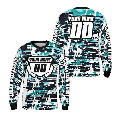 Custom Blue And White Grunge Long Sleeve Motocross Jersey For Men, Personalized Motocross Dirt Bkie Shirts ME0013