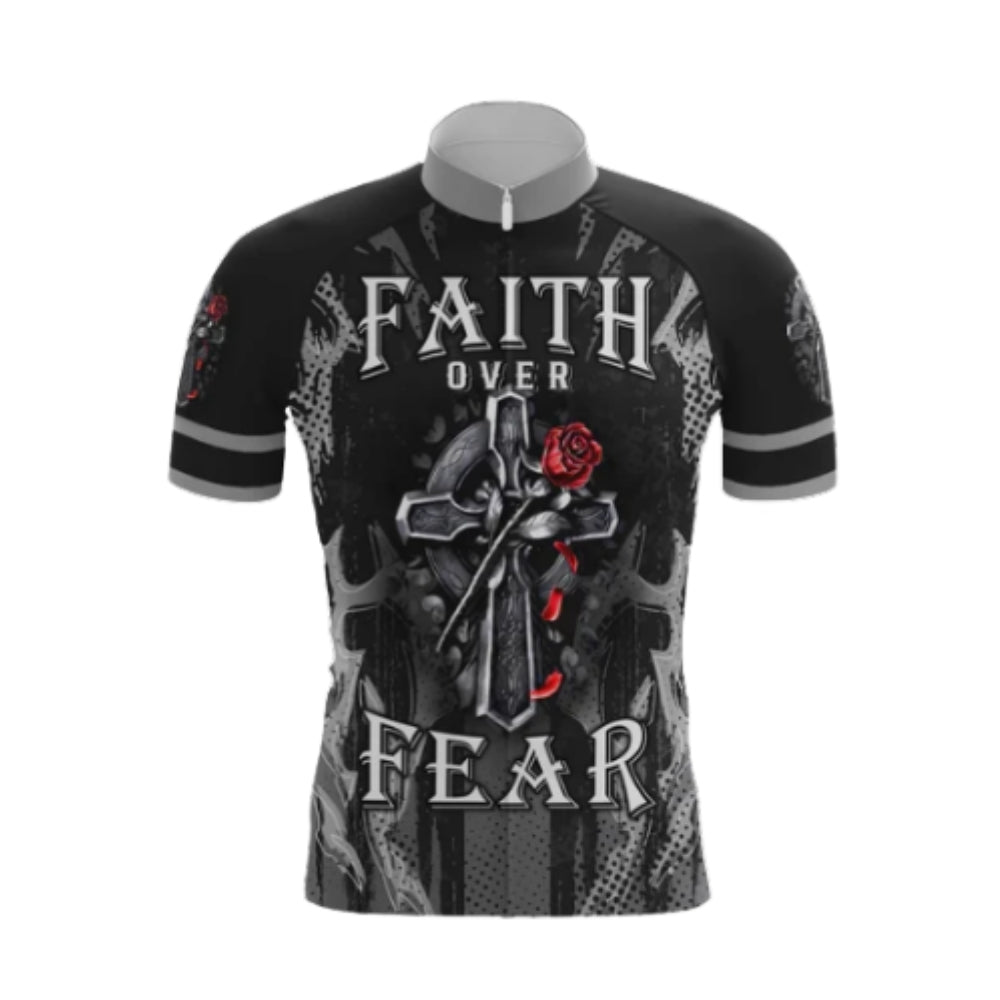 Faith Over Fear Cross And Rose Cycling Short Sleeve Jersey For Men, Christian Cycling Jerseys CG0531