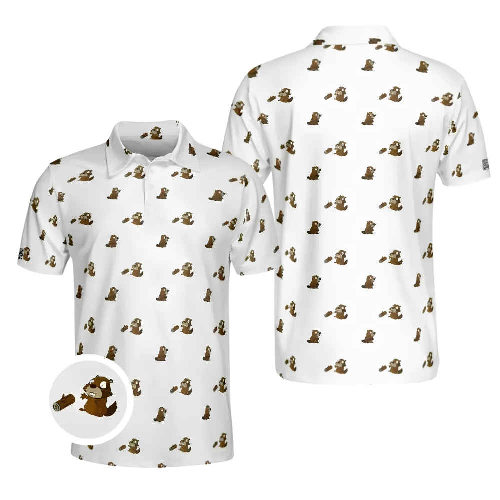 Beaver Golf Polo Shirt For Men White, Beaver Lovers Golf Shirts GE0368