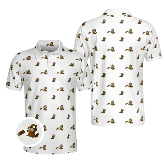 Beaver Golf Polo Shirt For Men White, Beaver Lovers Golf Shirts GE0368