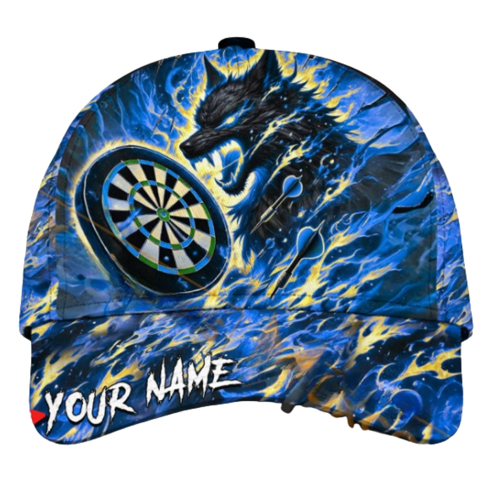 Custom Fire Wolf Darts Cap With Name, Personalized Wolf Flaming Dart 3D Printed Hat CP0430