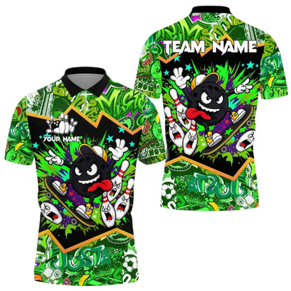 Custom Funny Skater Bowling Ball Bowling Polo Shirt Mens Blue, Custom Graffiti Bowling Team Shirts BE0166