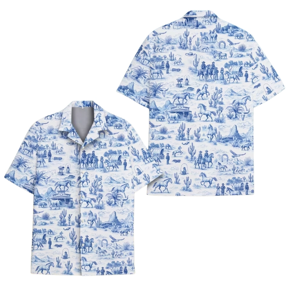 Vintage Cowboy Blue And White Hawaiian Shirt Mens, Western Cowboy Hawaiian Shirts HE0141