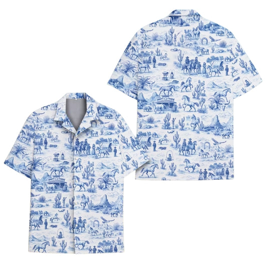 Vintage Cowboy Blue And White Hawaiian Shirt Mens, Western Cowboy Hawaiian Shirts HE0141