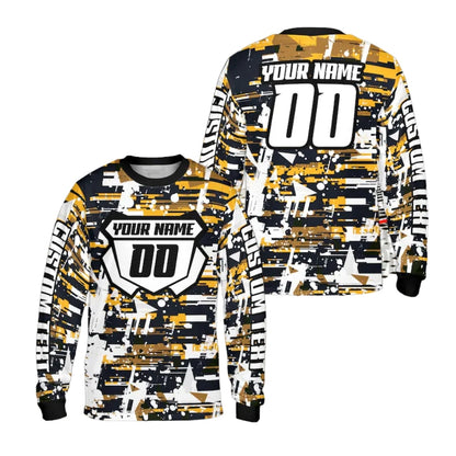 Custom Blue And White Grunge Long Sleeve Motocross Jersey For Men, Personalized Motocross Dirt Bkie Shirts ME0013