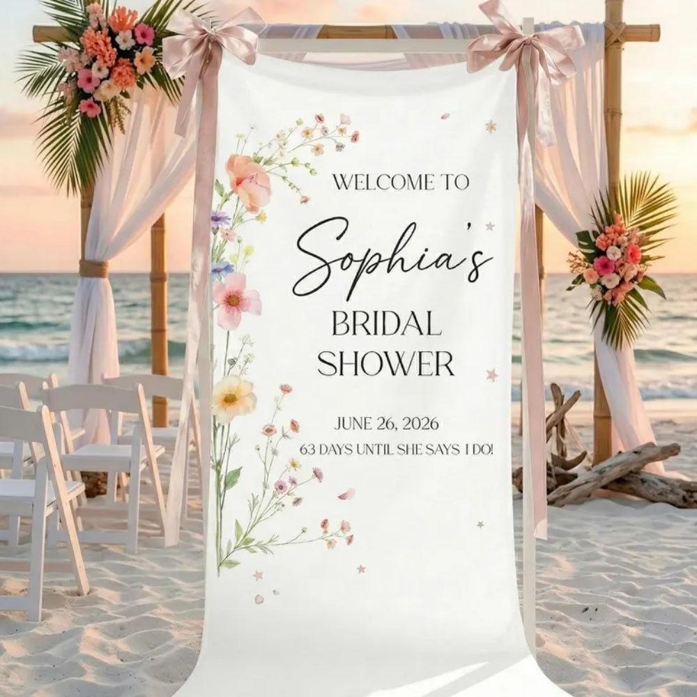 Personalized Wildflower Bridal Shower Fabric Welcome Banner, Custom Floral Welcome Sign Banner For Bridal Party WD0207