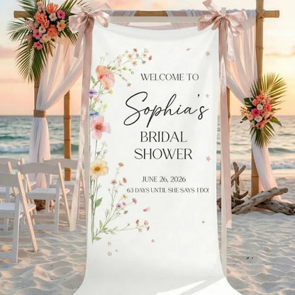 Personalized Wildflower Bridal Shower Fabric Welcome Banner, Custom Floral Welcome Sign Banner For Bridal Party WD0207