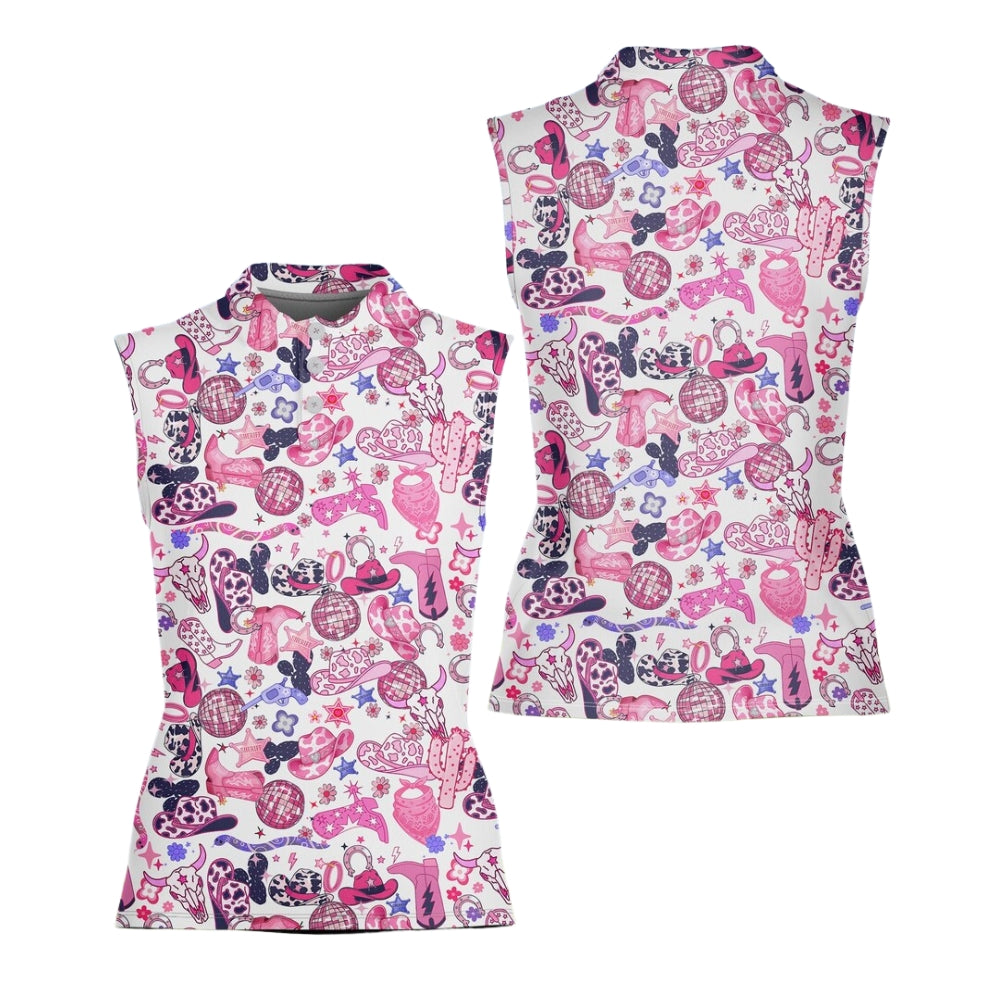 Pink Cowgirl Sleeveless Golf Shirt Ladies, Women's Western Golf Shirts GE0369