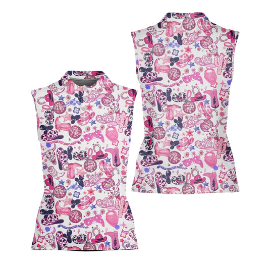 Pink Cowgirl Sleeveless Golf Shirt Ladies, Women's Western Golf Shirts GE0369