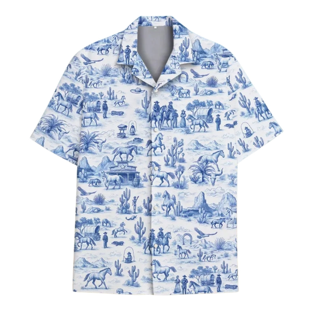 Vintage Cowboy Blue And White Hawaiian Shirt Mens, Western Cowboy Hawaiian Shirts HE0141