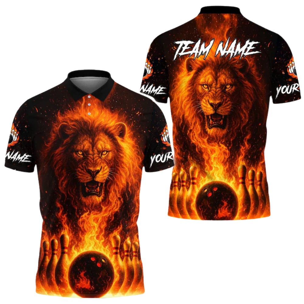 Custom Lion Flaming Men's Bowling Polo Shirt, Custom Lion Bowling Shirts For Team BE0167