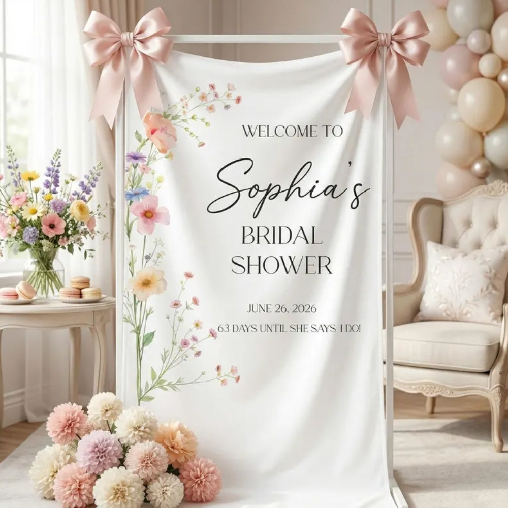 Personalized Wildflower Bridal Shower Fabric Welcome Banner, Custom Floral Welcome Sign Banner For Bridal Party WD0207