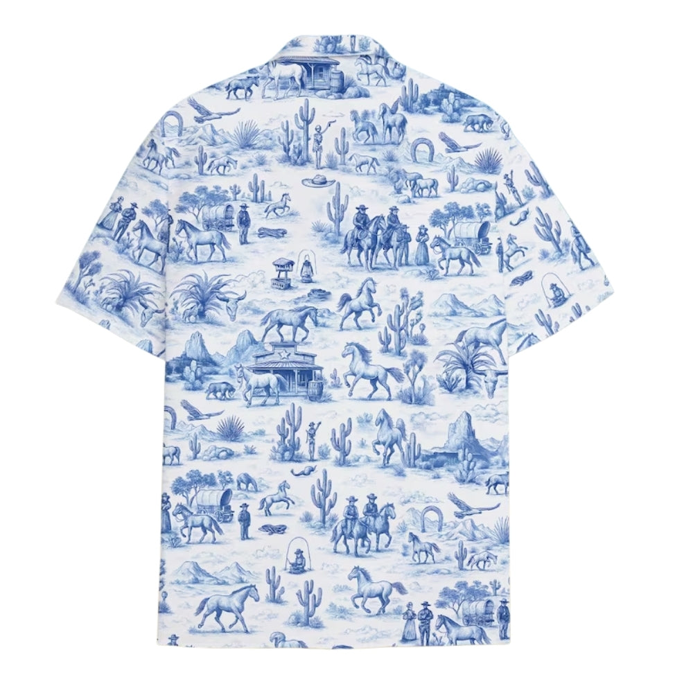 Vintage Cowboy Blue And White Hawaiian Shirt Mens, Western Cowboy Hawaiian Shirts HE0141