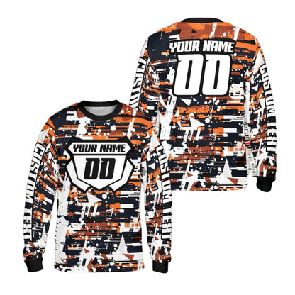 Custom Blue And White Grunge Long Sleeve Motocross Jersey For Men, Personalized Motocross Dirt Bkie Shirts ME0013