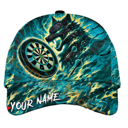 Custom Fire Wolf Darts Cap With Name, Personalized Wolf Flaming Dart 3D Printed Hat CP0430