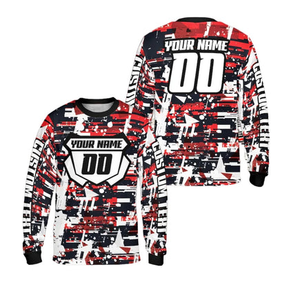 Custom Blue And White Grunge Long Sleeve Motocross Jersey For Men, Personalized Motocross Dirt Bkie Shirts ME0013