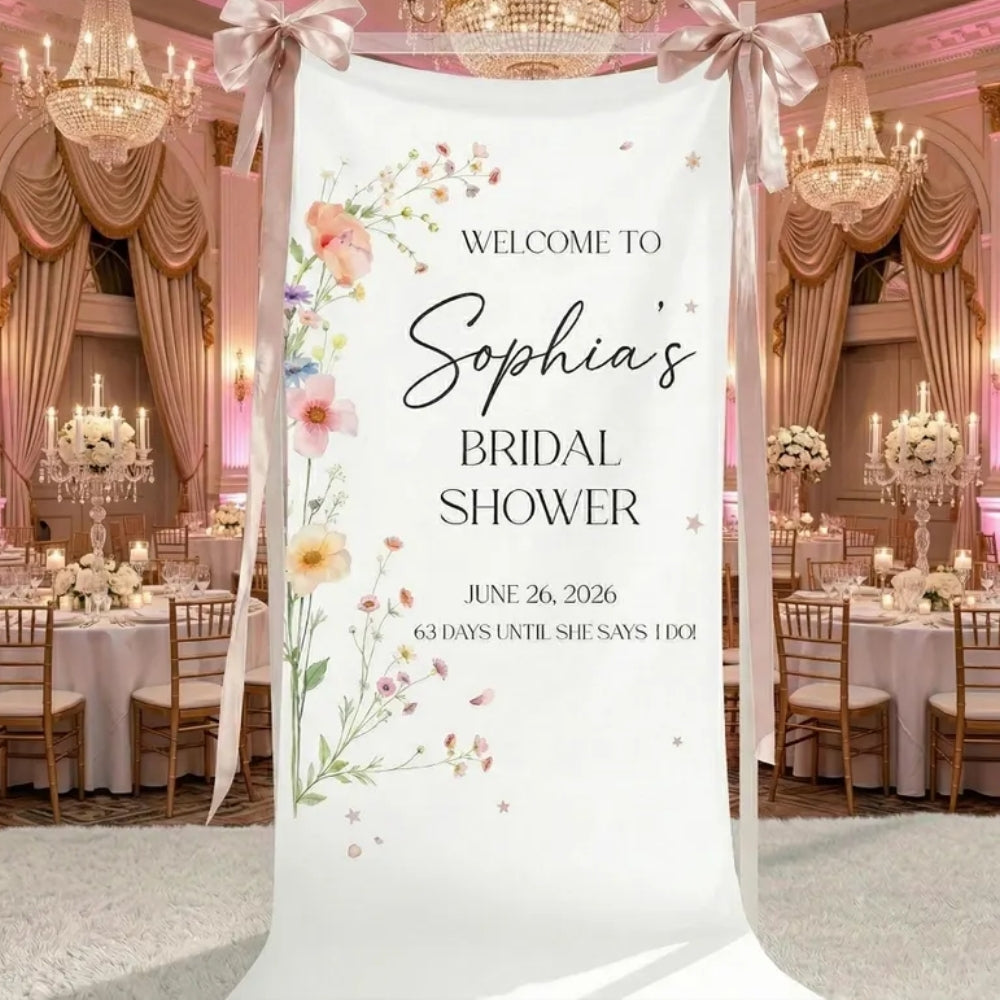 Personalized Wildflower Bridal Shower Fabric Welcome Banner, Custom Floral Welcome Sign Banner For Bridal Party WD0207