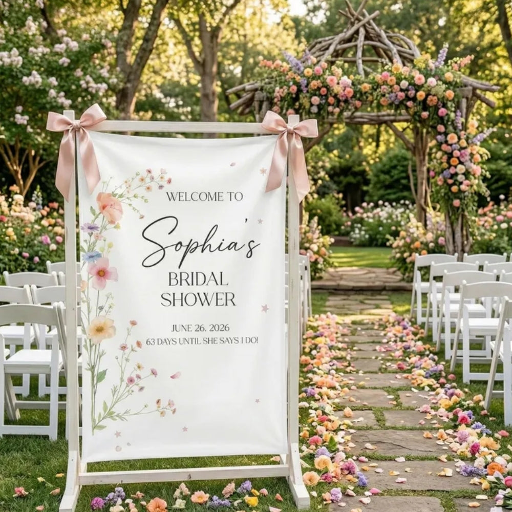 Personalized Wildflower Bridal Shower Fabric Welcome Banner, Custom Floral Welcome Sign Banner For Bridal Party WD0207