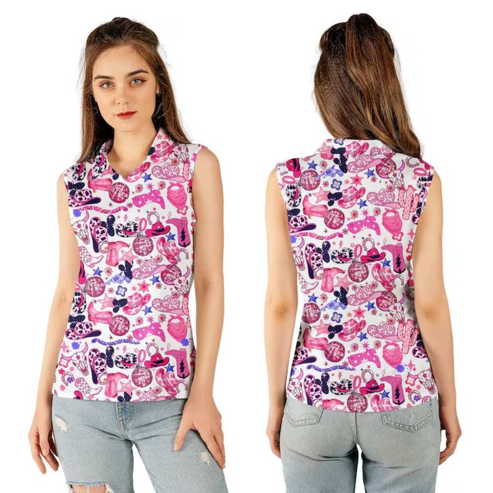 Pink Cowgirl Sleeveless Golf Shirt Ladies, Women's Western Golf Shirts GE0369