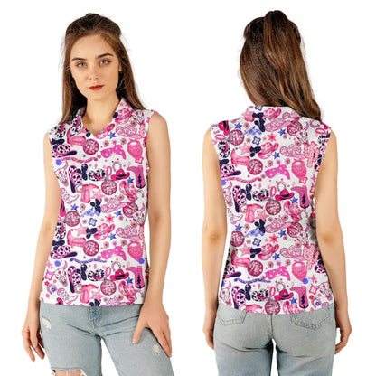Pink Cowgirl Sleeveless Golf Shirt Ladies, Women's Western Golf Shirts GE0369