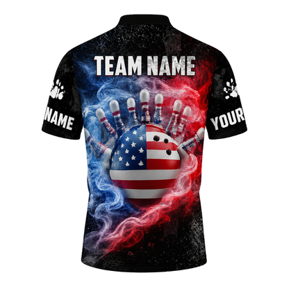Custom American Flag Smoke Skull Bowling Polo Shirt Men, Custom Patriotic Skull Bowling Team Shirts BZ0441