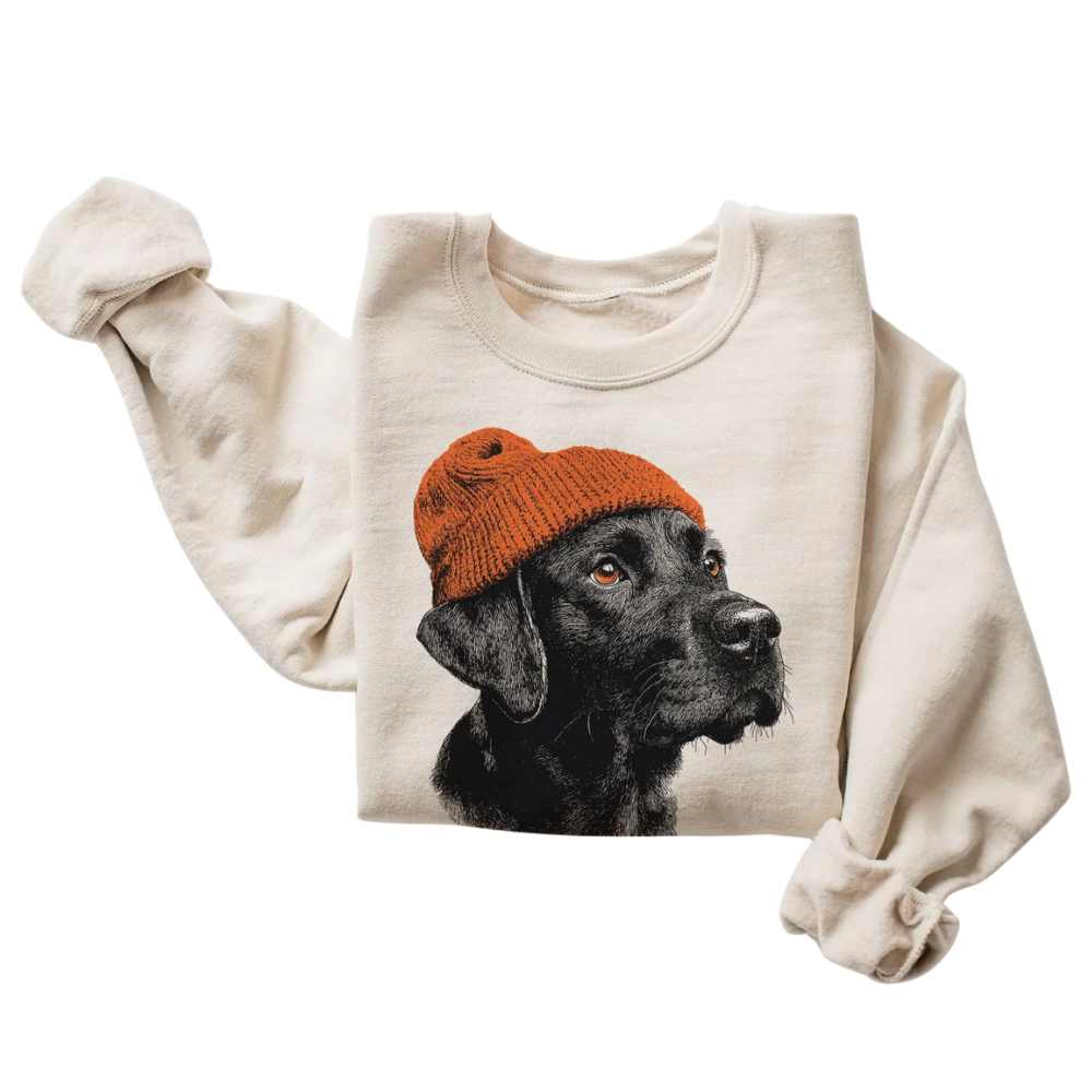 Black Lab Wearing Beanie Sweatshirt, Dog Black Lab Retro Sweatshirt 2D1035