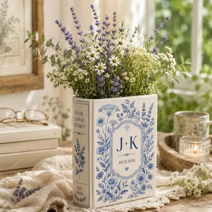 Custom Monogram Initials Couple Name Blue Wildflower Wedding Ceramic Book Vase, Custom Floral Wedding Engagement Book Vase WD0583