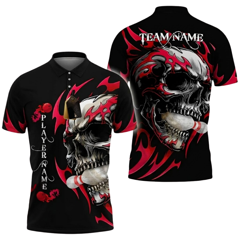 Custom Skull Black And Red Bowling Polo Shirt For Men, Custom Skull Bowling Team  Shirts BZ0795
