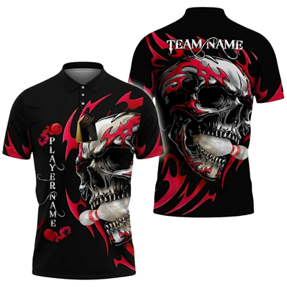 Custom Skull Black And Red Bowling Polo Shirt For Men, Custom Skull Bowling Team  Shirts BZ0795
