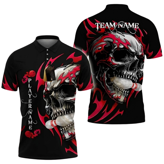 Custom Skull Black And Red Bowling Polo Shirt For Men, Custom Skull Bowling Team  Shirts BZ0795
