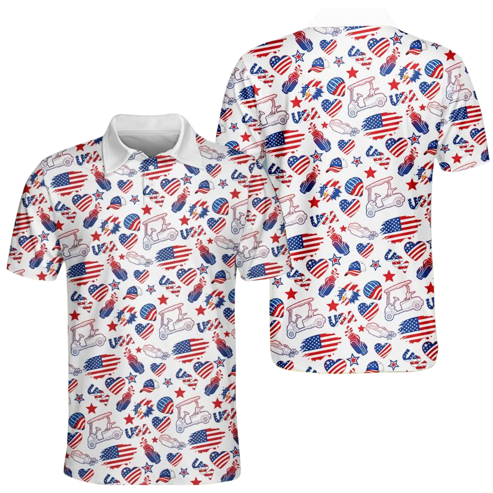 Golf Pattern American Flag Mens Golf Polo Shirt, Patriotic Fourth Of July Golf Shirts GE0566
