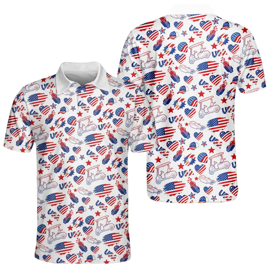 Golf Pattern American Flag Mens Golf Polo Shirt, Patriotic Fourth Of July Golf Shirts GE0566