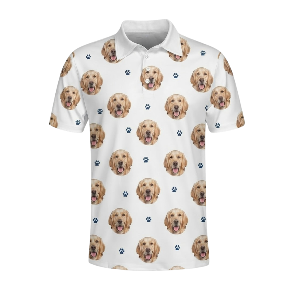 Custom Dog Photo Men's White Golf Polo Shirt, Custom Pet Face Golf Shirt GE0607